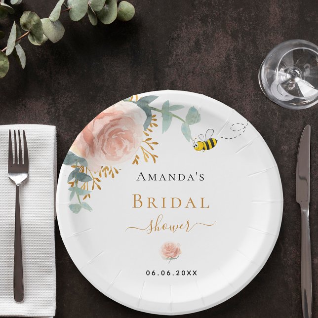 Bridal Shower bee pink floral eucalyptus Paper Plate (Creator Uploaded)