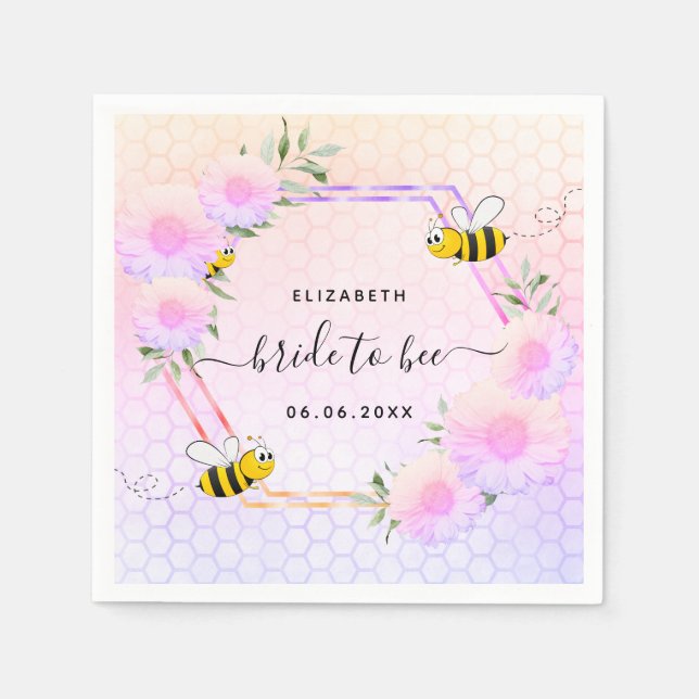 Bridal shower bees pink purple floral napkin (Front)