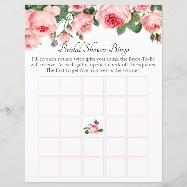 Bridal Shower Bingo  Blushing Pink Rose (Front)