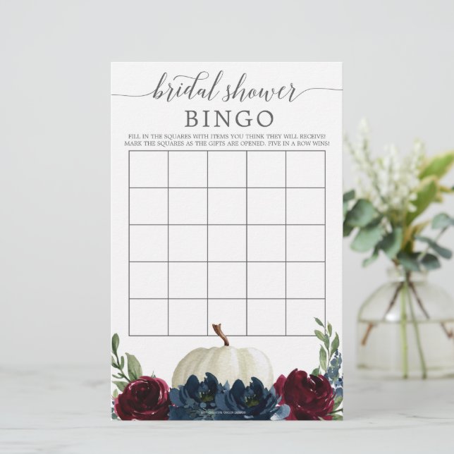 Bridal Shower Bingo Game Burgundy Navy Pumpkin (Standing Front)