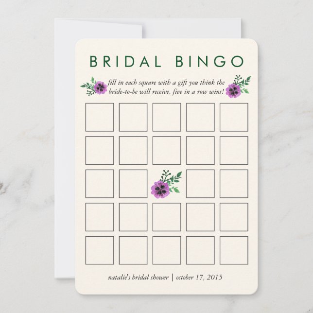Bridal Shower Bingo Game Card | Purple Pansy (Front)