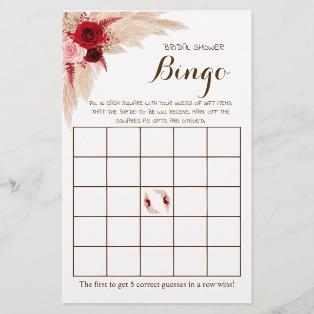 Bridal Shower Bingo Pampas Grass Game Card (Front)