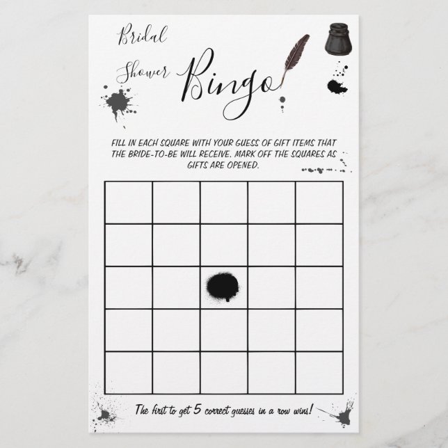 Bridal Shower Bingo | Pen & Inkwell Game Card (Front)