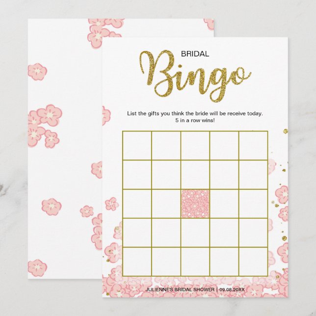 Bridal Shower Bingo | Pink and Gold Glitter Floral Invitation (Front/Back)