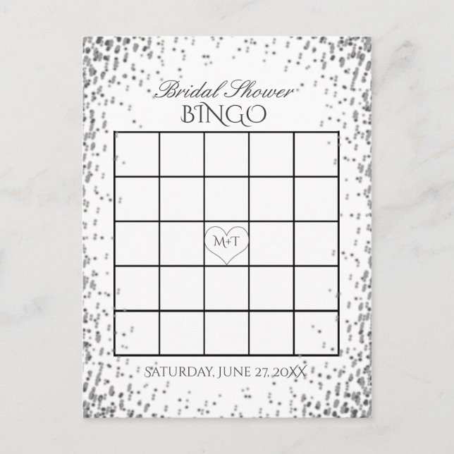 Bridal Shower Bingo | Silver Confetti Invitation Postcard (Front)