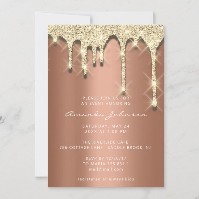 Bridal Shower Birthday 16th Gold 3D Drip Copper Invitation (Front)