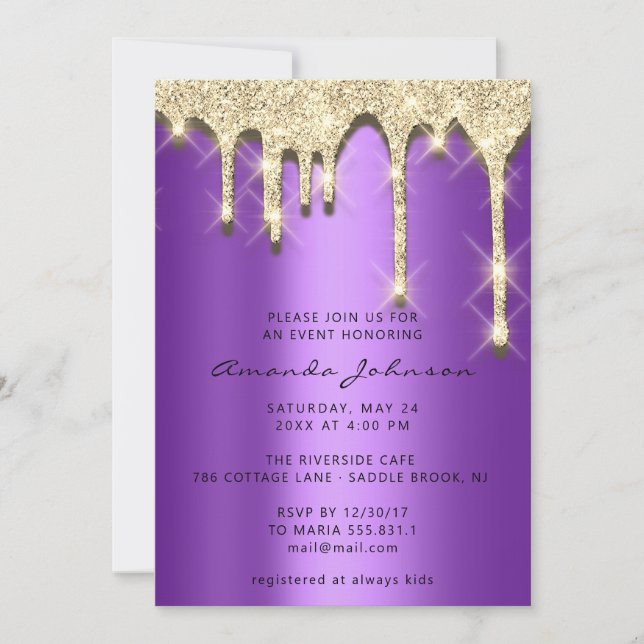 Bridal Shower Birthday 16th Gold 3D Purple Invitation (Front)
