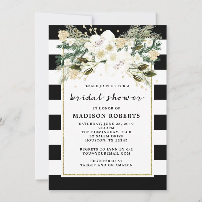 Bridal Shower Black and White Stripes Flowers Invitation (Front)