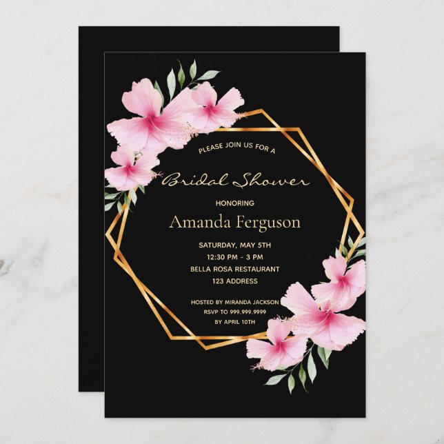Bridal shower black blush pink floral gold geo invitation (Front/Back)