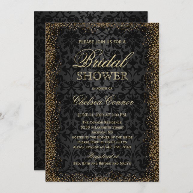 Bridal Shower - Black Damask and Gold Confetti  Invitation (Front/Back)