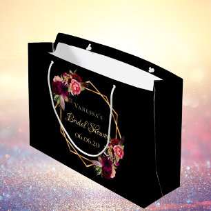 Bridal Shower black florals burgundy Large Gift Bag