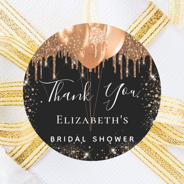 Bridal Shower black gold balloons name thank you Classic Round Sticker (Creator Uploaded)