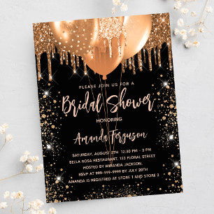 Bridal shower black gold glitter balloons glamorou invitation postcard