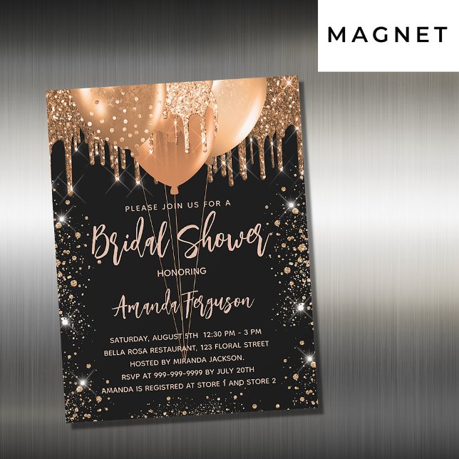 Bridal shower black gold glitter balloons luxury magnetic invitation (Creator Uploaded)