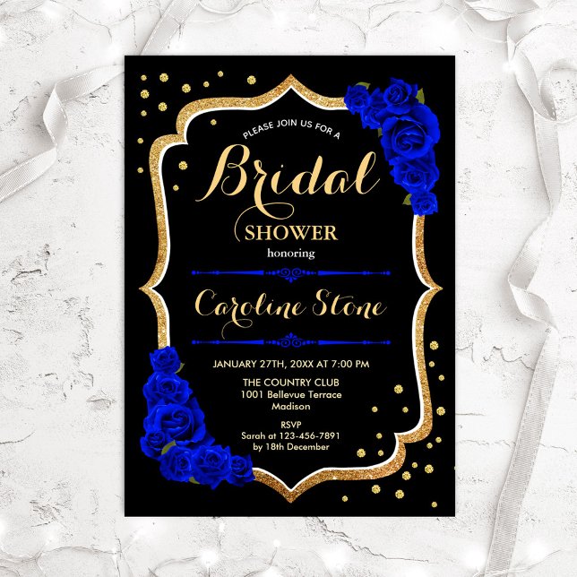 Bridal Shower - Black Gold Royal Blue Invitation (Creator Uploaded)