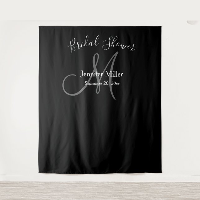 Bridal Shower Black Grey Monogram Name Photo Booth Tapestry (Front)