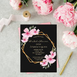Bridal Shower black pink florals invitation Postcard<br><div class="desc">An elegant tropical summer bridal invitation.  With a faux gold geometric frame decorated with pink hibiscus,  flowers tropical florals with some greenery. Black background colour.
The text: Bridal Shower and the bride to be's 's name are written with a modern handlettered style script.  Golden text.
Back: black background colour.</div>