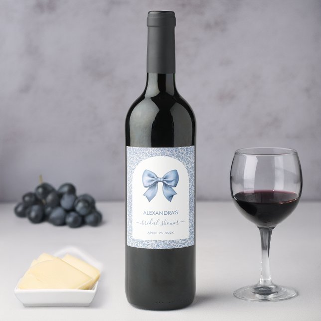 Bridal Shower Blue Bow White Arch Floral Pattern Wine Label (Creator Uploaded)