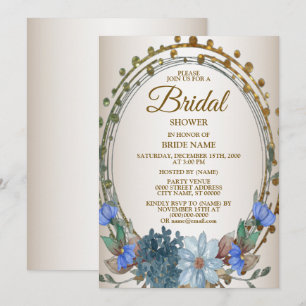 Bridal Shower Blue Floral Golden Geometric Vintage Invitation