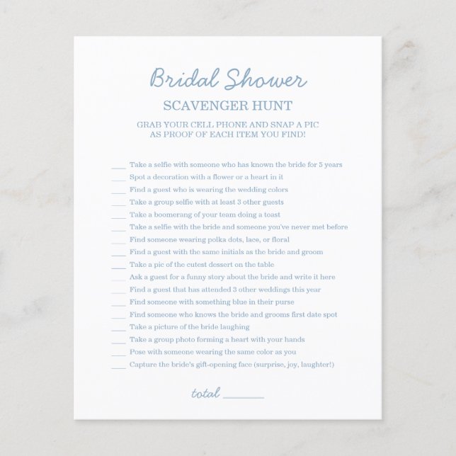 Bridal Shower Blue Scavenger Hunt  (Front)