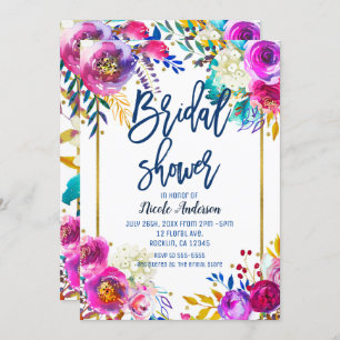 Bridal Shower Blue Script Bold Watercolor Floral Invitation