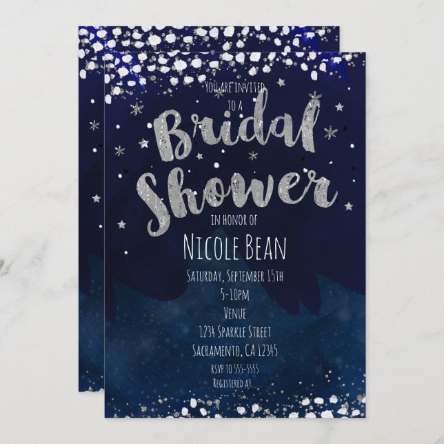 Bridal Shower Blue & Silver Starry Invitations (Front/Back)
