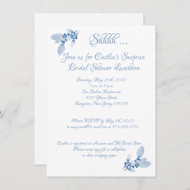 Bridal Shower, Blue Watercolor  Invitation (Front/Back)