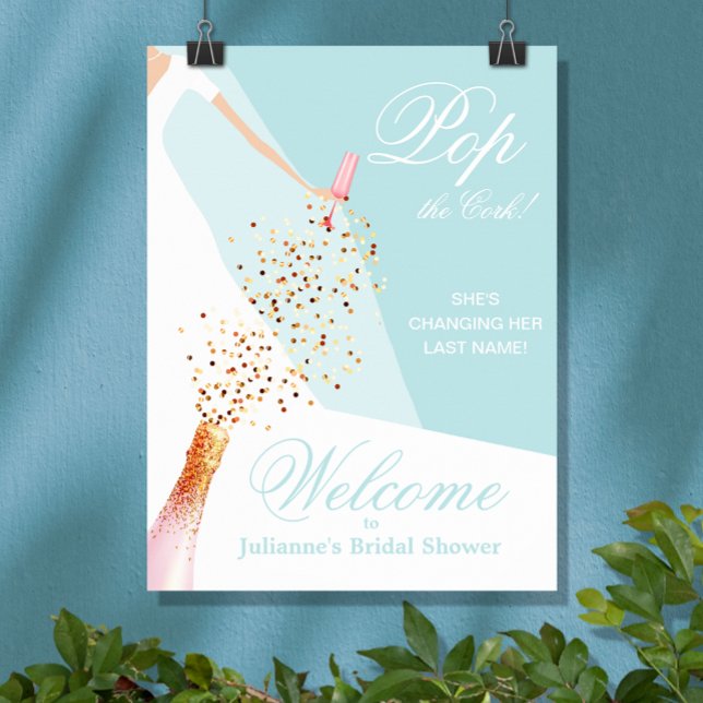 Bridal Shower Blue Welcome Poster (Sky blue bridal shower Welcome poster, PRINTED and/or INSTANT DOWNLOAD, features bride in her gown)