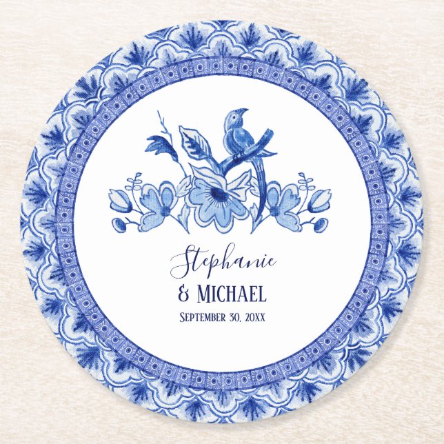 Bridal Shower Blue White Chinoiserie Bird Floral Round Paper Coaster (Front)