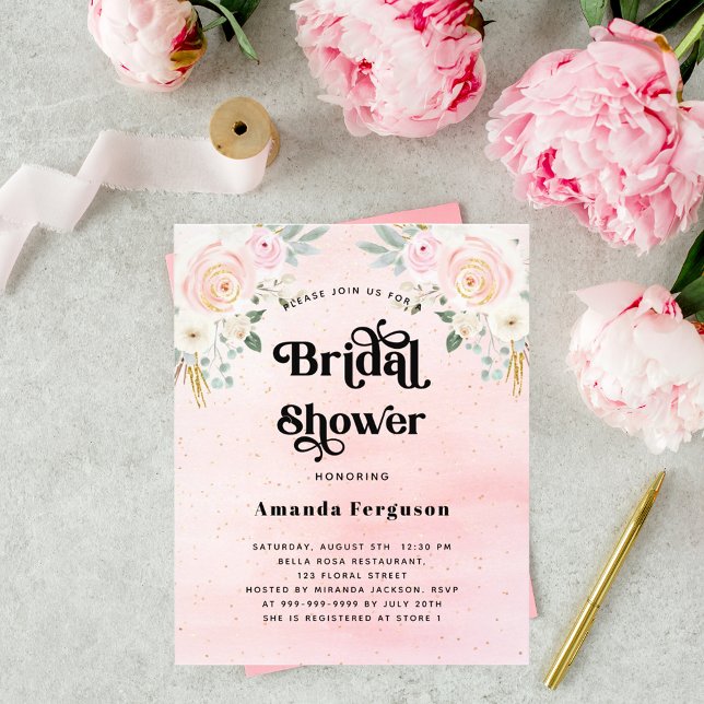Bridal shower blush pink floral budget invitation flyer (Creator Uploaded)