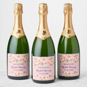 Bridal shower blush pink florals name sparkling wine label