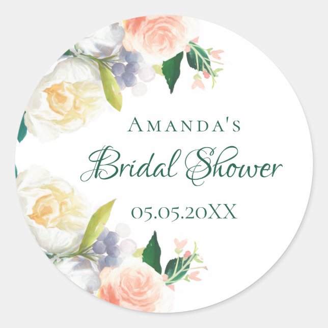 Bridal Shower blush pink flowers Classic Round Sticker (Front)