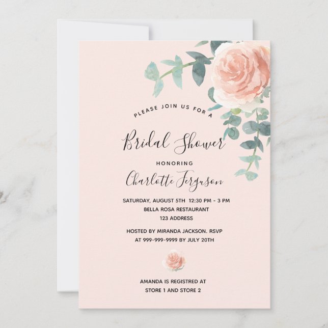 Bridal Shower blush pink rose gold greenery Invitation (Front)