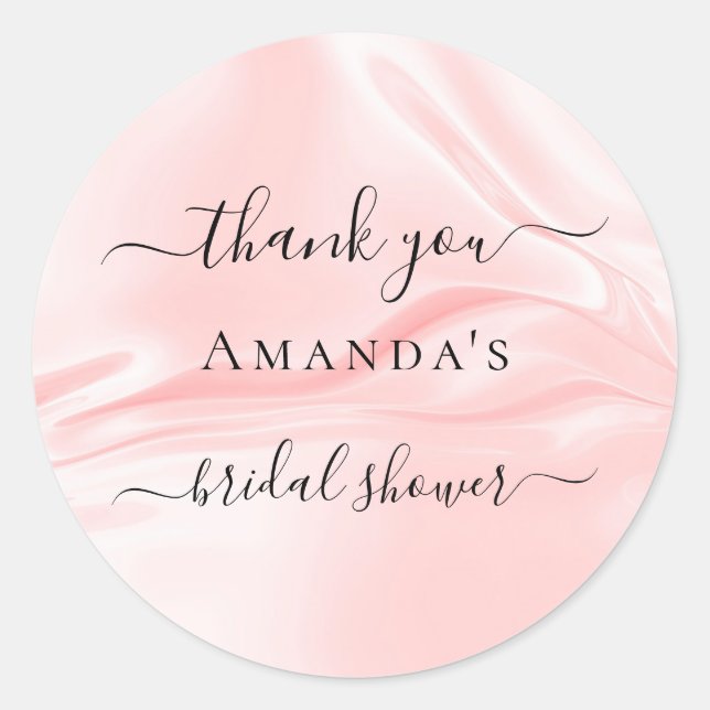 Bridal Shower blush pink silk satin name thank you Classic Round Sticker (Front)