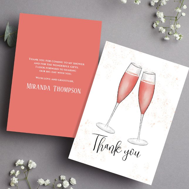Bridal Shower Blush Pink Watercolor Champagne Thank You Card (Thank you pink champagne card, with a custom message on the back. )
