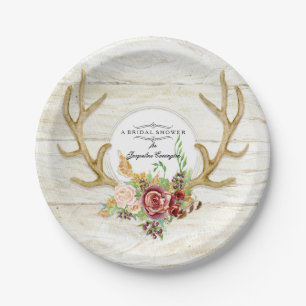 Bridal Shower Boho Deer Antler Red Rose Watercolor Paper Plate