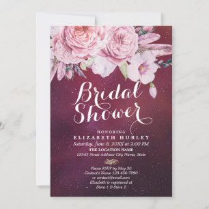 Bridal Shower Boho Floral Feathers Burgundy Red Invitation