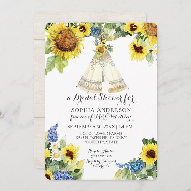 Bridal Shower BOHO Floral Teepee Sunflower Daisy Invitation (Front/Back)
