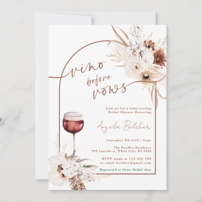 Bridal Shower Boho pampas Grass and Wine Invitation (Front)