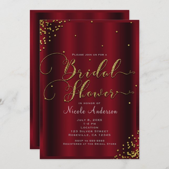 Bridal Shower Bold Red & Gold Confetti Corners Invitation (Front/Back)