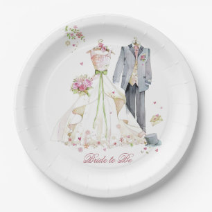 Bridal Shower Bride & Groom Pink Cream dress Paper Plate