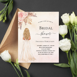 Bridal shower bride rose pampas budget invitation