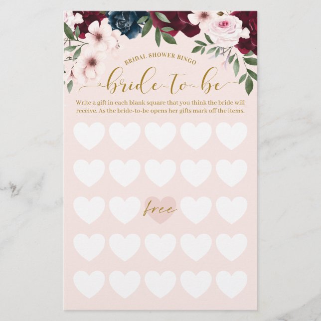 Bridal Shower Bride-To-Be Bingo Watercolor Florals (Front)