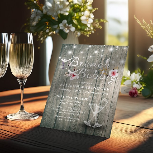 Bridal Shower Brunch Bubbly Champagne Flutes Wood Invitation (Creator Uploaded)