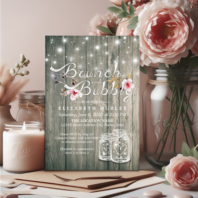 Bridal Shower Brunch Bubbly Rustic Wood Mason Jar Invitation (Creator Uploaded)