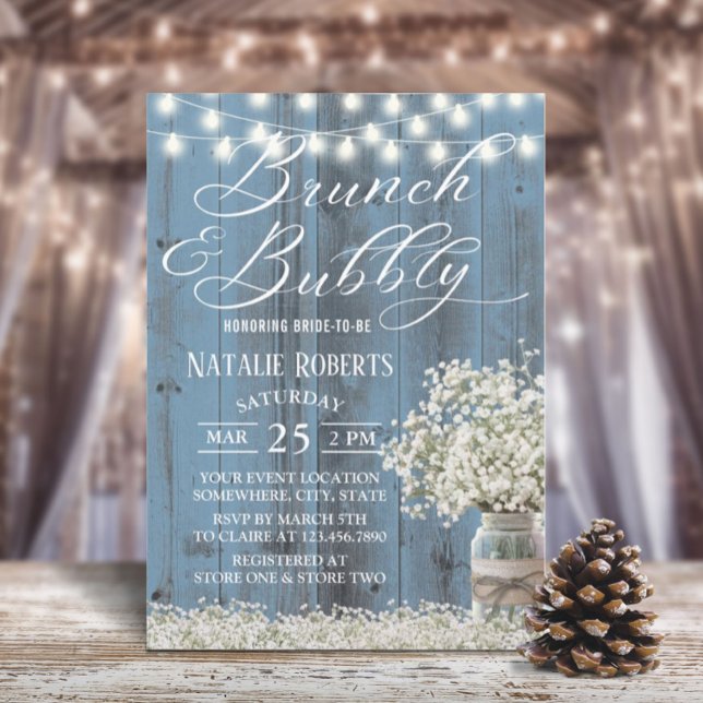 Bridal Shower Brunch Rustic Floral Jar Dusty Blue Invitation (Creator Uploaded)