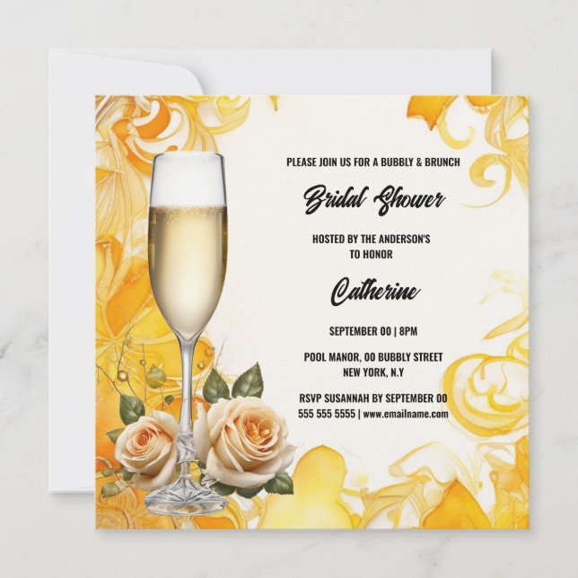 Bridal shower bubbly brunch yellow rose trendy holiday card (Front)