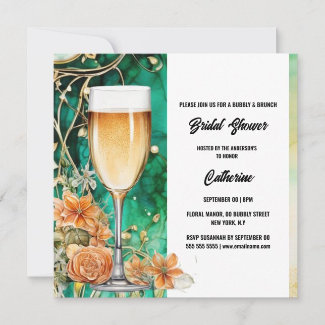Bridal shower bubbly orange rose trendy green holiday card (Front)