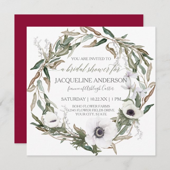 Bridal Shower Burgundy Anemone Olive Leaf Wreath Invitation (Front/Back)