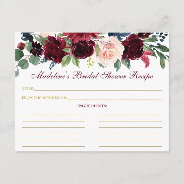 Bridal Shower Burgundy Blue Floral Gold Recipe Advice Card (Front)